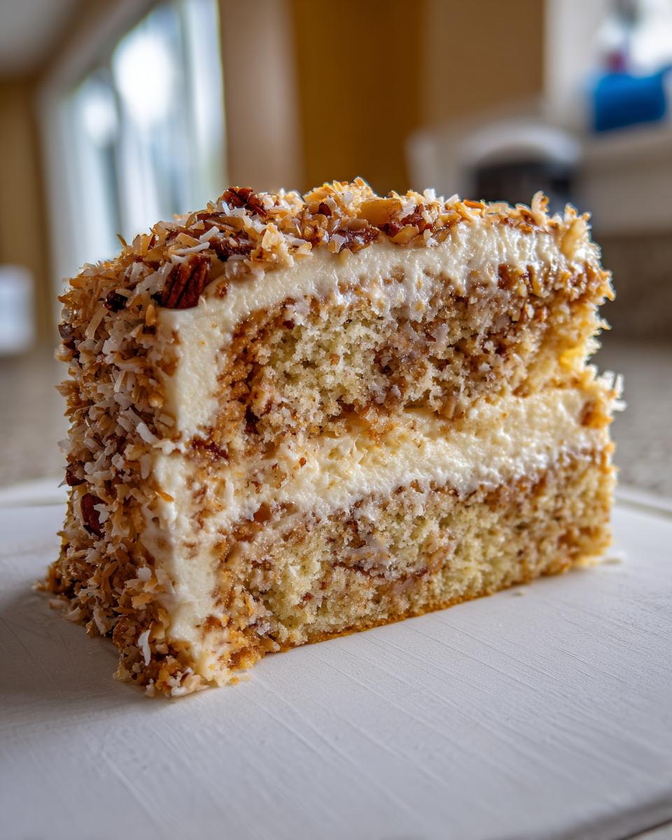A tall slice of white German chocolate cake layered with cream frosting and covered in toasted coconut and pecans.