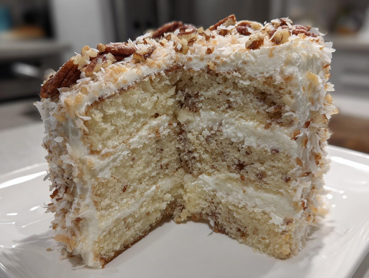 Cross-section of a moist white German chocolate cake slice layered with frosting, coconut, and pecans.