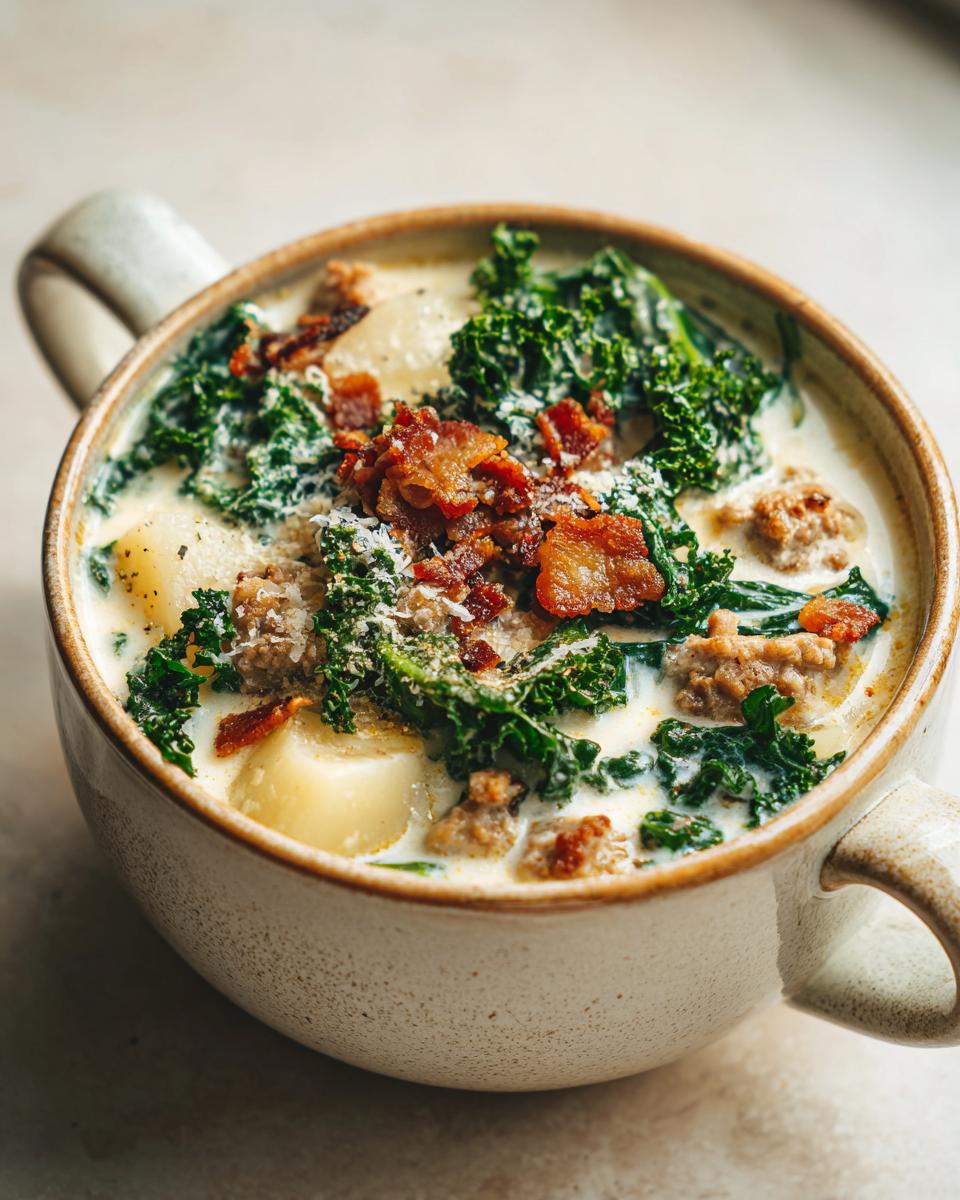 Close-up of a hearty bowl of Zuppa Toscana soup topped with crumbled bacon and kale.