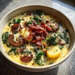 Close-up of a creamy bowl of Zuppa Toscana soup topped with sausage slices, potatoes, kale, and crispy bacon.