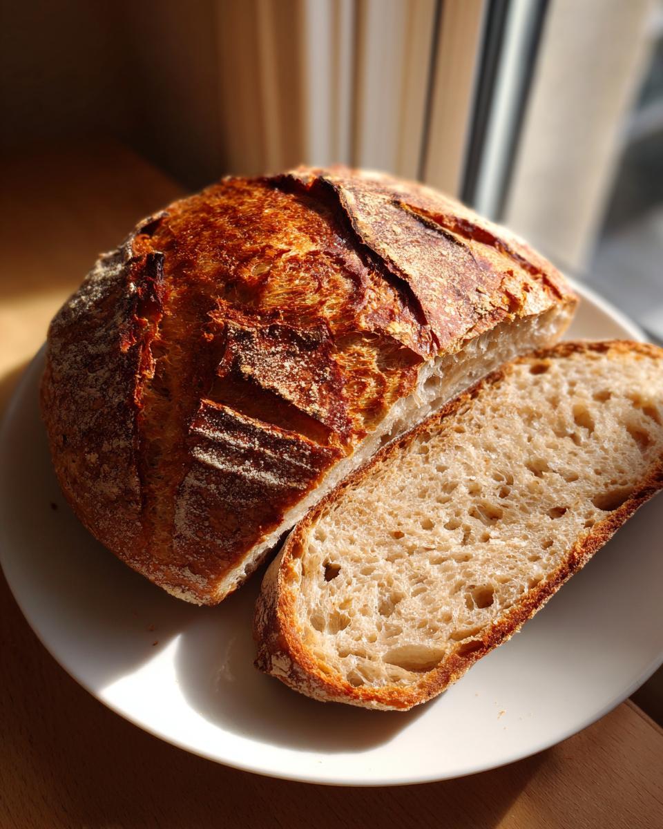 A freshly baked loaf of 4-ingredient bread, partially sliced, showing its dark, crusty top and open crumb structure.
