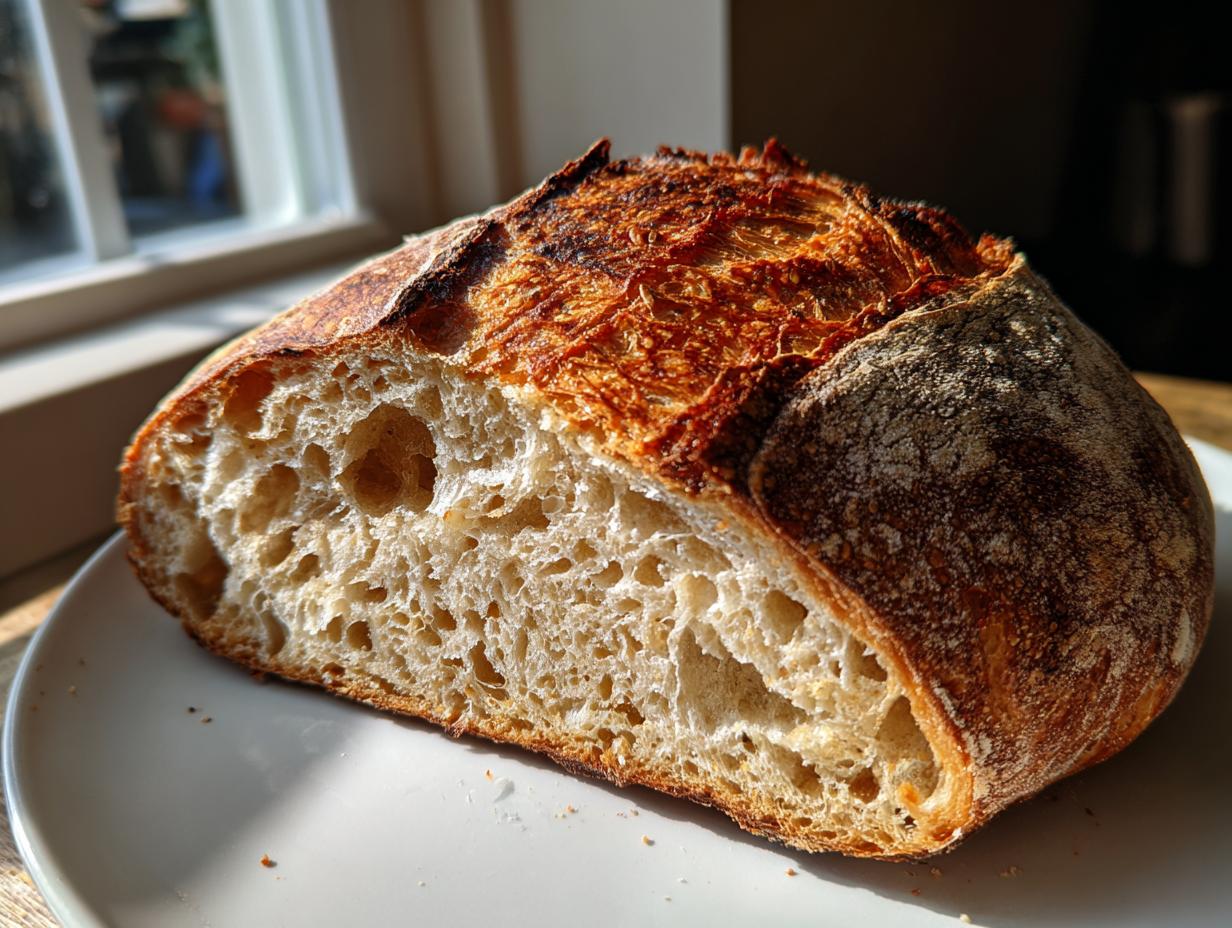 Cross-section of a homemade loaf of bread showing an open, airy crumb structure and a dark, crusty top.