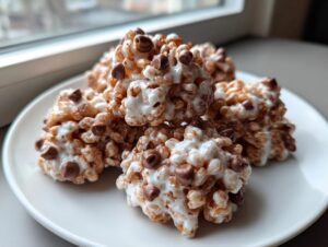 A stack of homemade avalanche cookies made with cereal, white coating, and chocolate chips, sitting on a white plate.