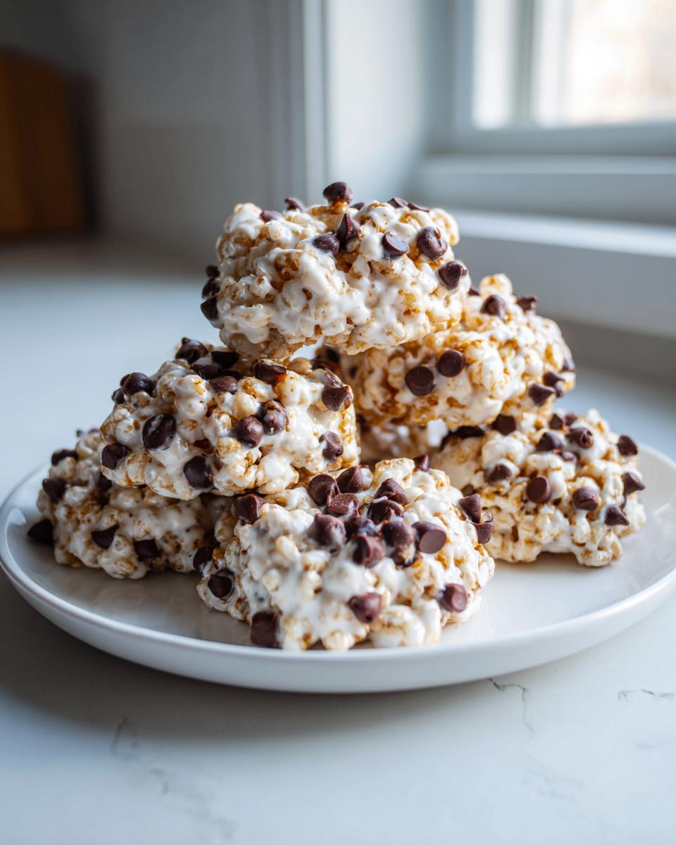 A stack of homemade avalanche cookies made with cereal, white coating, and mini chocolate chips on a white plate.