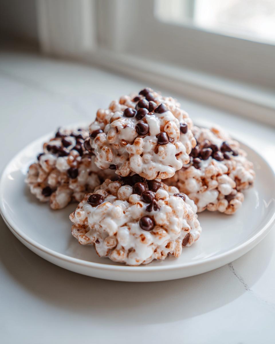 A stack of four delicious avalanche cookies coated in white chocolate and topped with mini chocolate chips, served on a white plate.