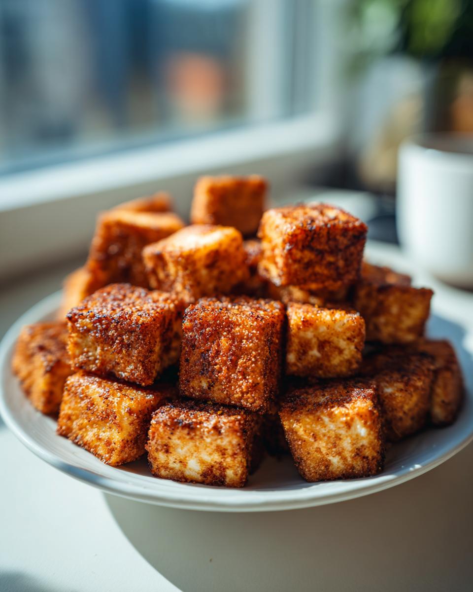 A close-up shot of a white plate piled high with golden-brown, crispy cubes of air fryer tofu.