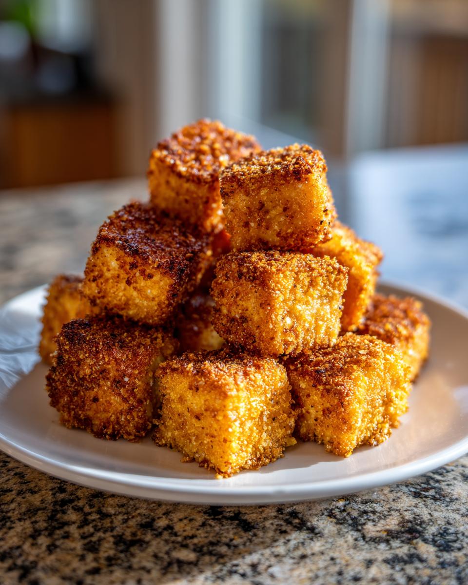 A stack of golden brown, crispy coated air fryer tofu cubes piled high on a white plate.