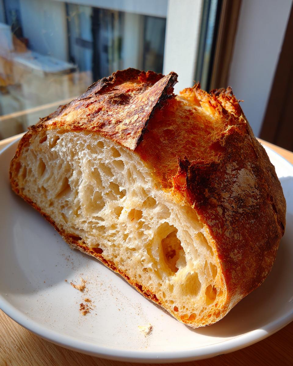 Cross-section of homemade bread showing an open, airy crumb structure and a dark, crusty top.