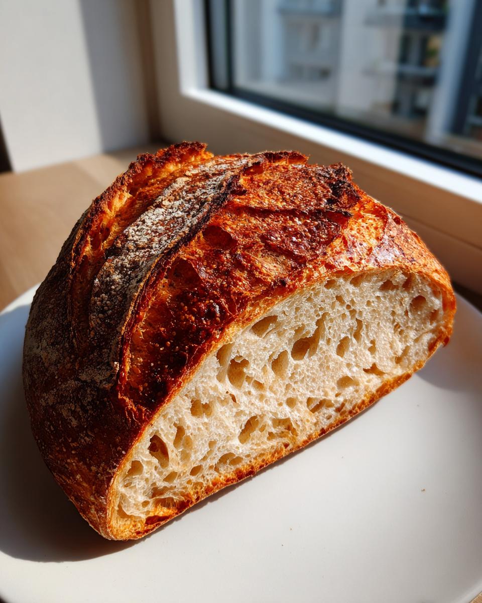 Cross-section of a rustic loaf of bread showing an open crumb structure and a deeply browned, crusty exterior.