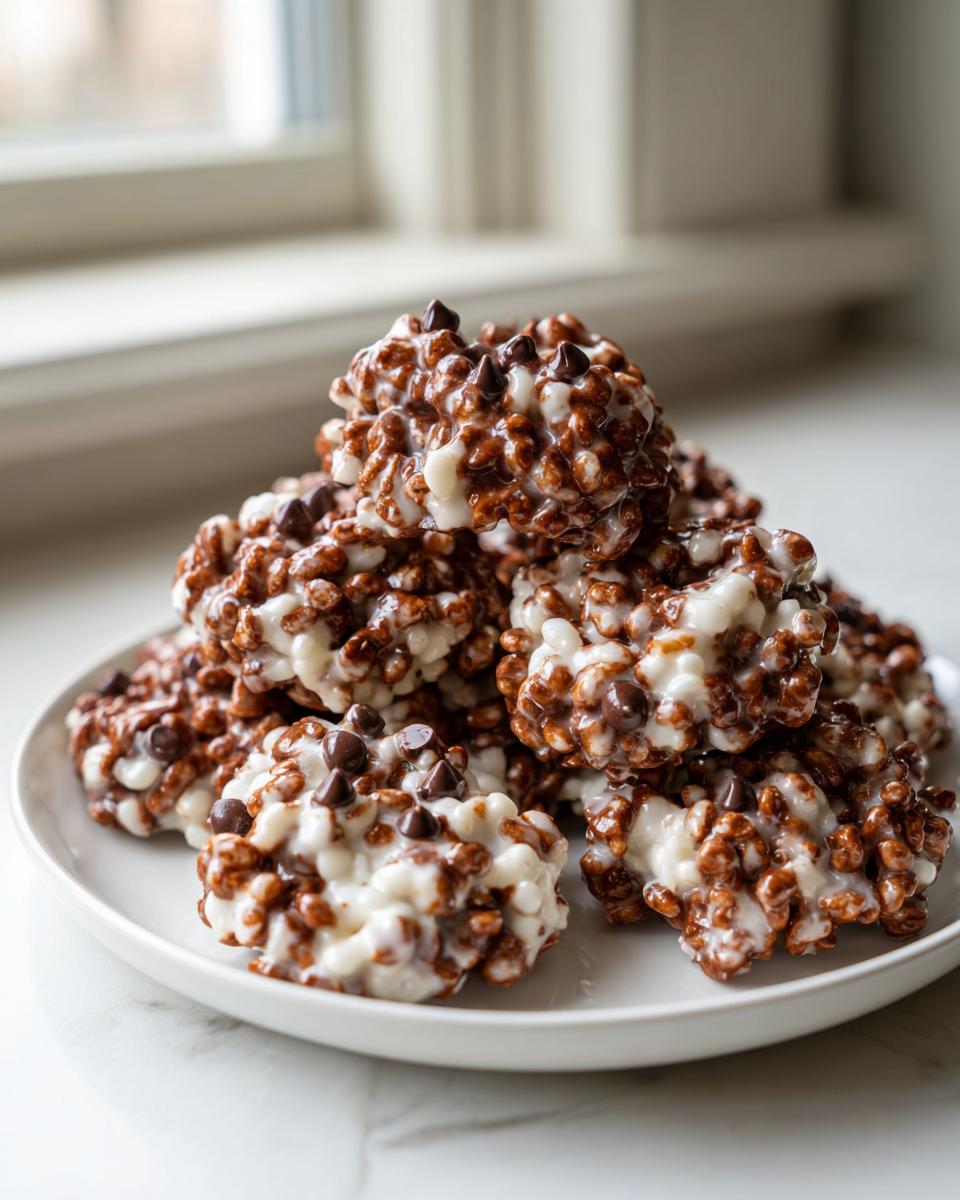 A stack of homemade avalanche cookies made with chocolate, peanut butter, and mini chocolate chips.