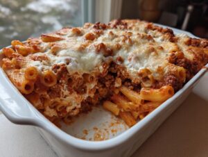 A close-up view of a portion removed from a baked ziti casserole, showing layers of pasta, meat sauce, ricotta, and melted cheese topping.