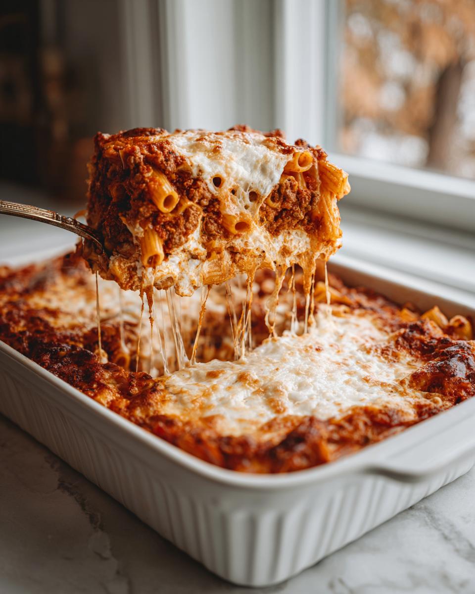 A serving spoon lifts a cheesy, saucy slice of baked ziti out of a white baking dish, showing long cheese pulls.