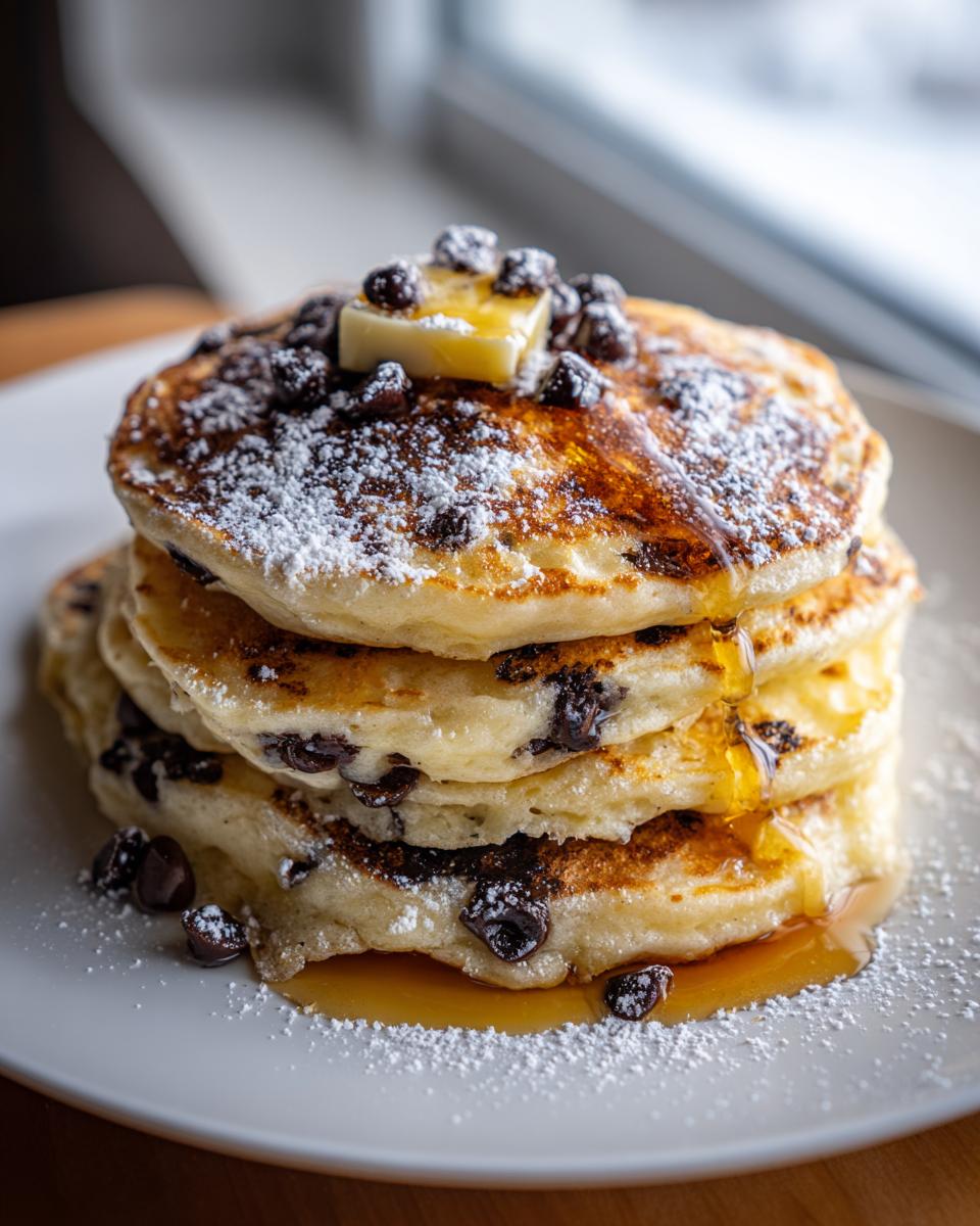 A tall stack of fluffy chocolate chip pancakes topped with butter, powdered sugar, and drizzled with syrup.