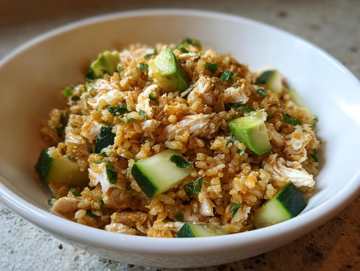 Close-up of a white bowl filled with amazing crispy rice salad mixed with shredded chicken, chunks of avocado, and cucumber.