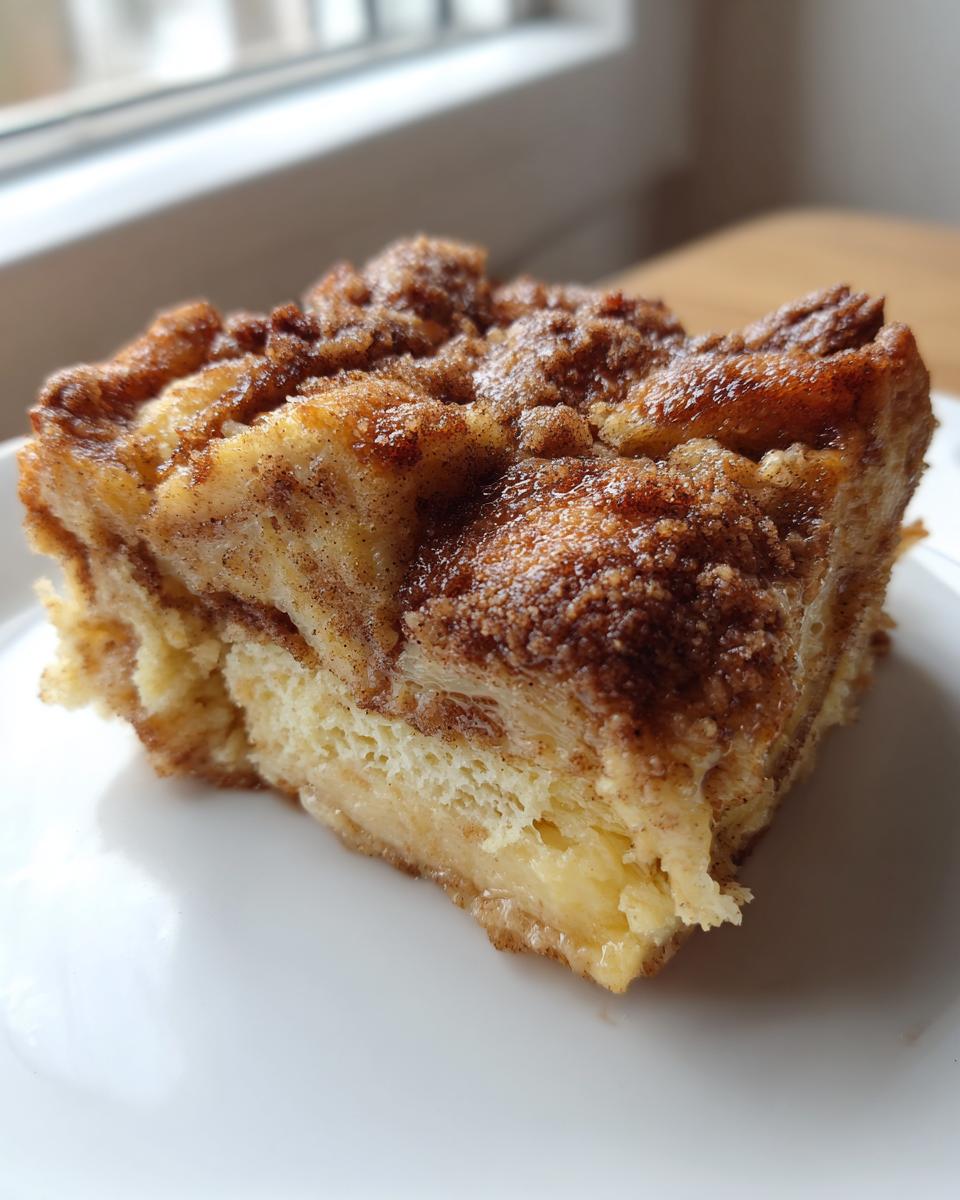 A close-up of a square slice of amazing french toast casserole with a thick, sugary cinnamon streusel topping.