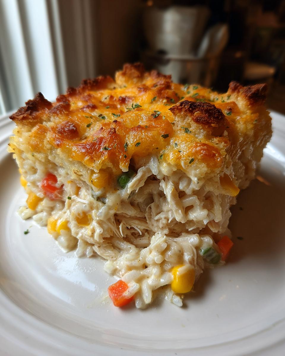 A generous serving of creamy chicken rice casserole topped with melted, browned cheese and parsley.