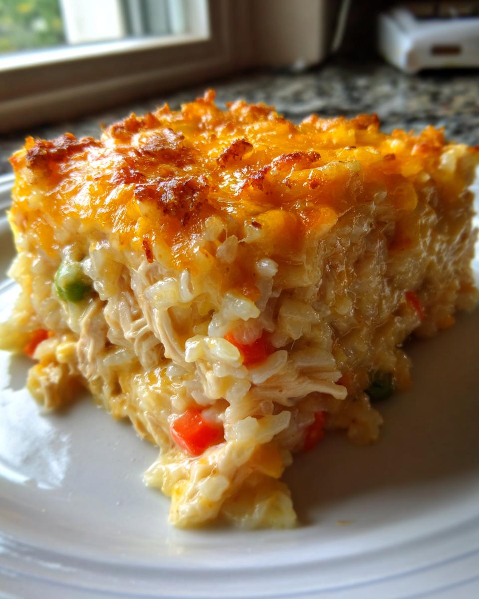 A close-up of a square serving of creamy chicken and vegetable rice casserole topped with melted, browned cheddar cheese.