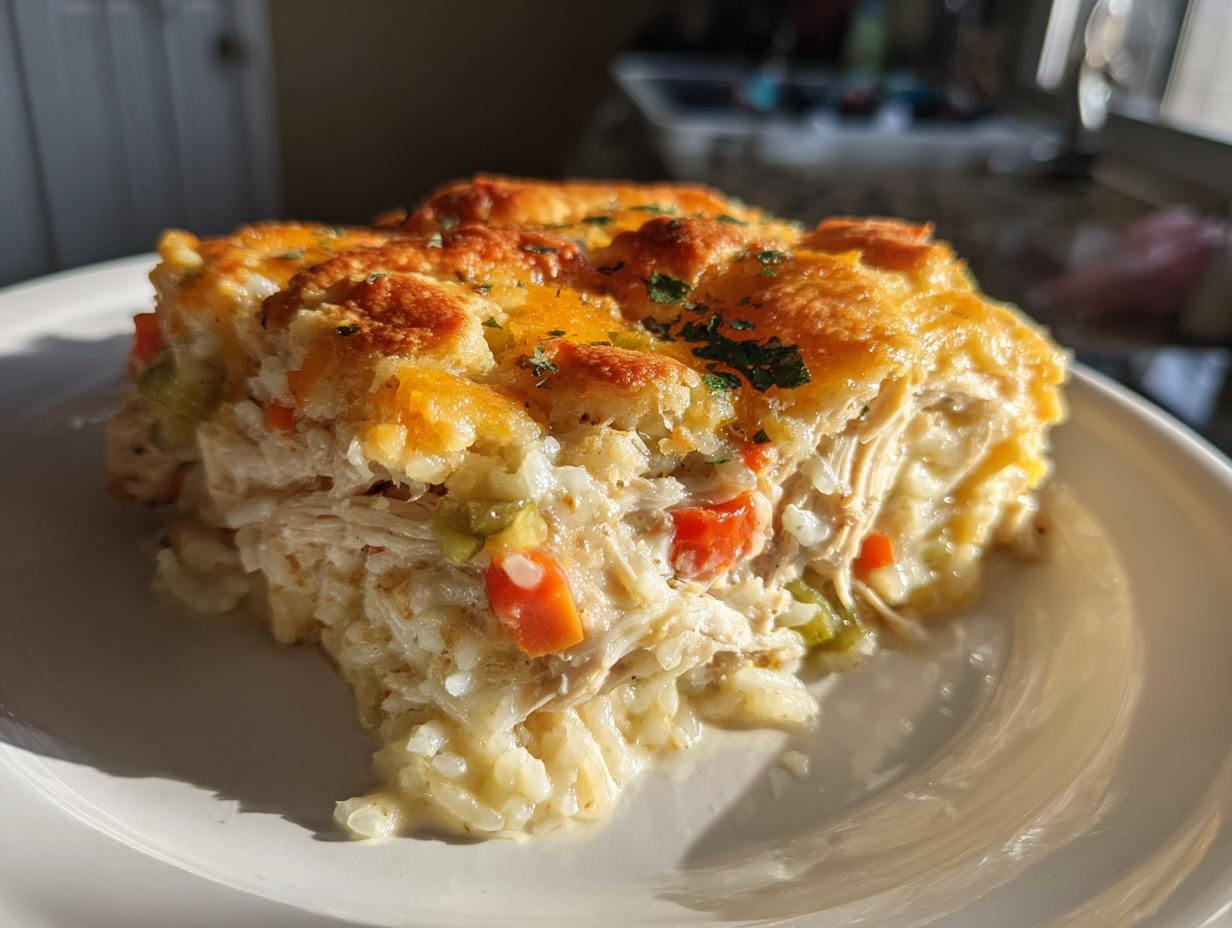 A close-up slice of creamy chicken and vegetable rice casserole with a golden, cheesy crust.