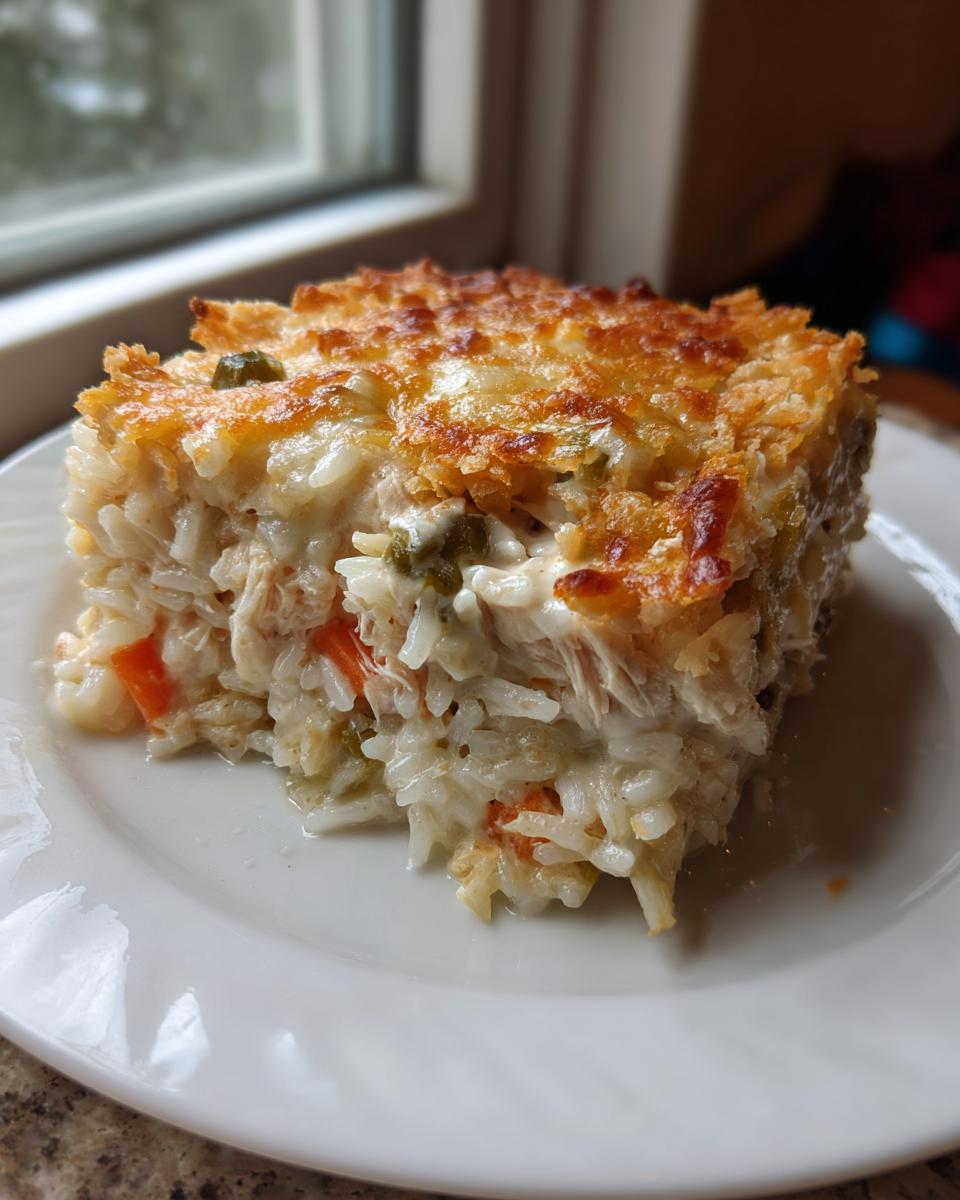 A square serving of creamy, cheesy rice casserole with shredded chicken and visible vegetables on a white plate.