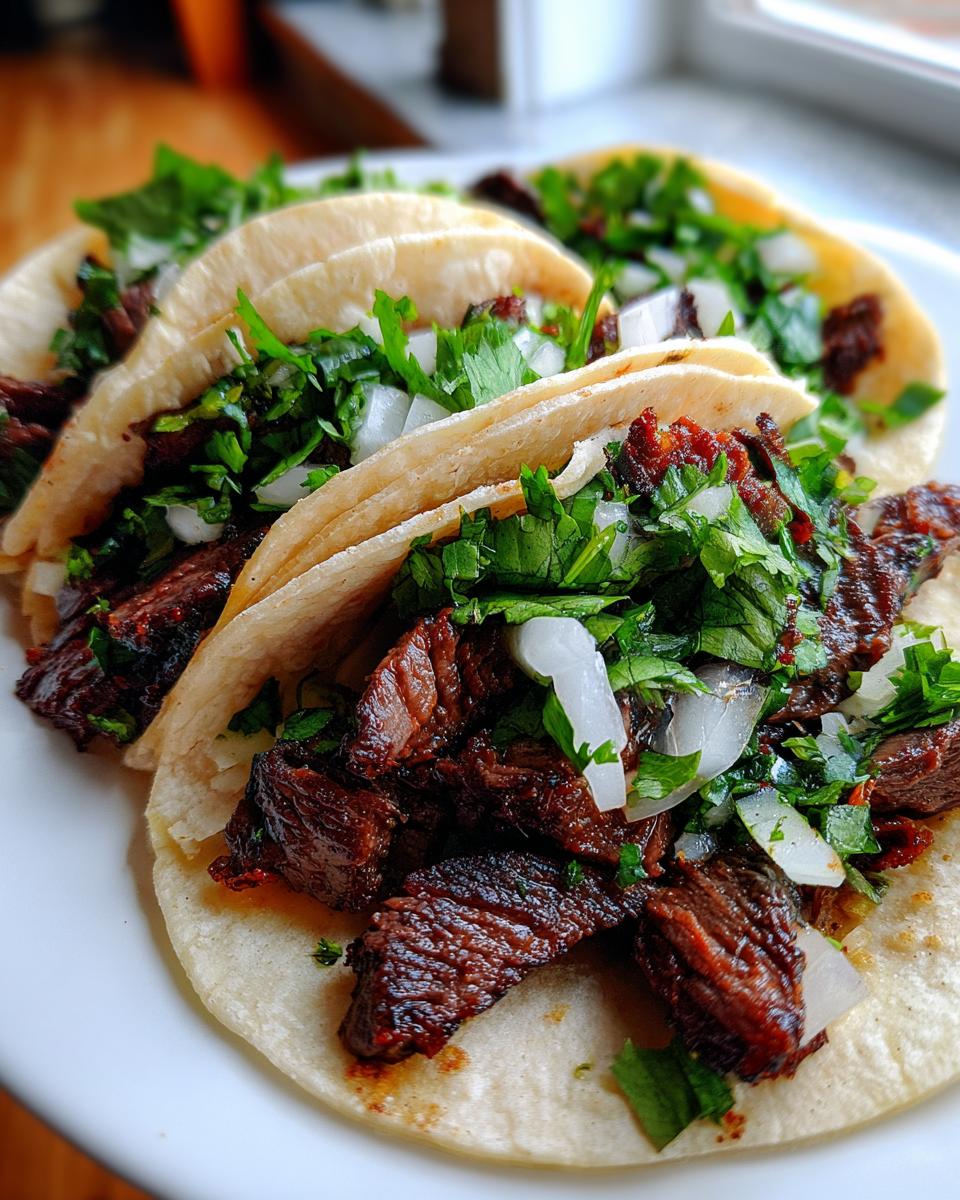 Close-up of three delicious steak tacos filled with grilled, seasoned steak, diced white onion, and fresh cilantro.