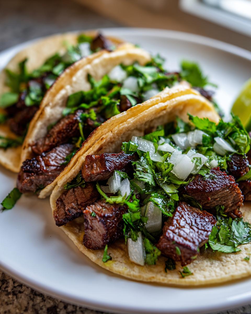 Three delicious steak tacos filled with grilled, diced steak, fresh cilantro, and white onion, served on a white plate.