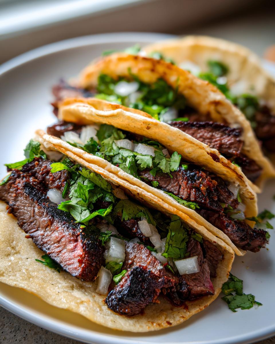 Close-up of three delicious steak tacos filled with grilled, sliced steak, fresh cilantro, and diced white onion on corn tortillas.