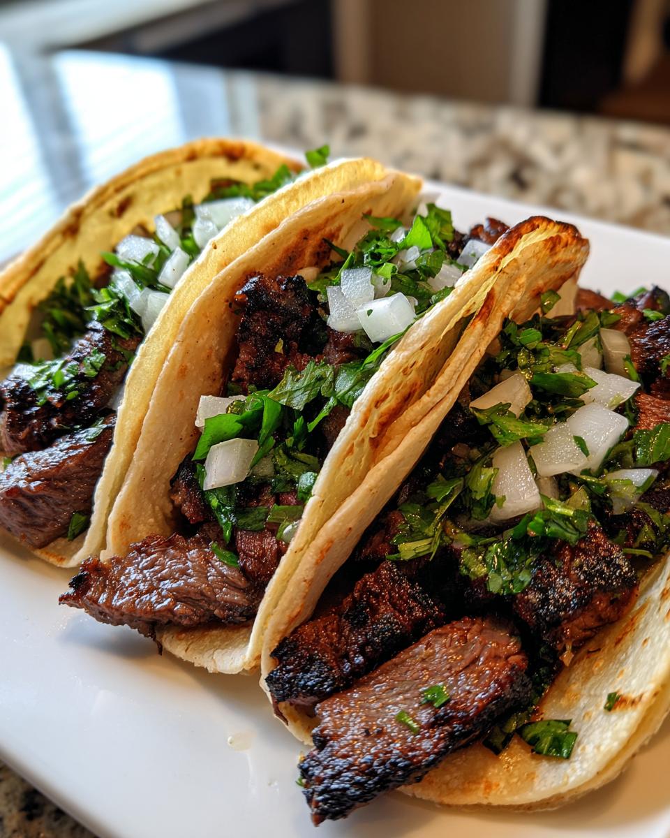 Three delicious steak tacos filled with grilled, sliced steak, topped with fresh chopped white onion and cilantro.