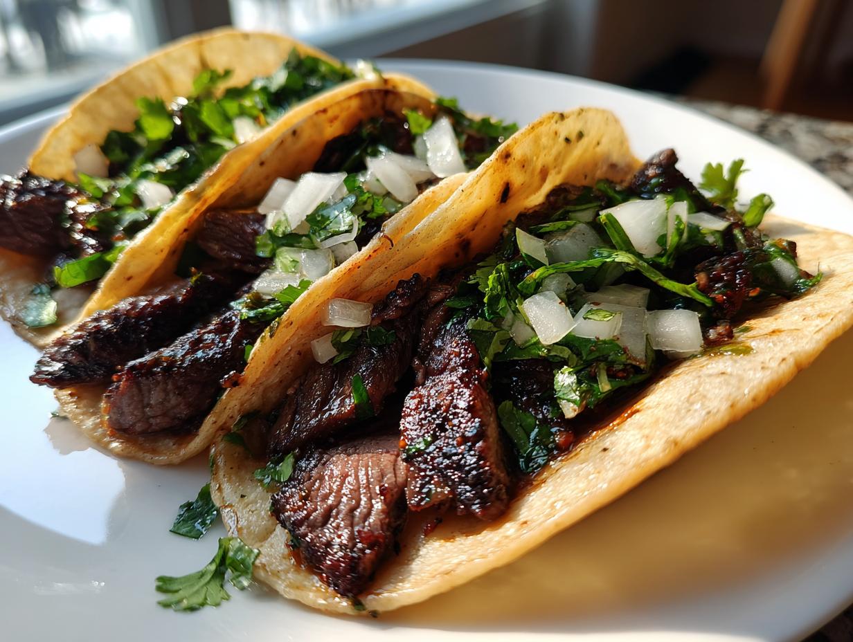 Three freshly made steak tacos filled with grilled marinated steak, chopped white onion, and cilantro, served on a white plate.