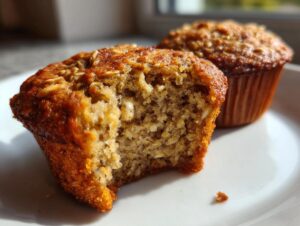 A close-up of a banana oatmeal muffin cut in half showing the moist, textured interior, with another muffin blurred in the background.