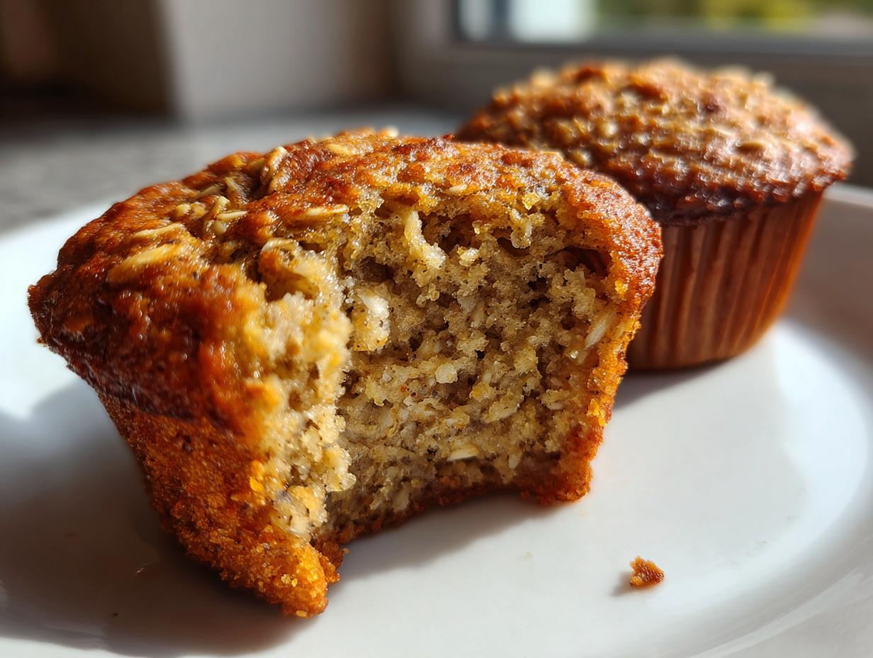A close-up of a banana oatmeal muffin cut in half showing the moist, textured interior, with another muffin blurred in the background.