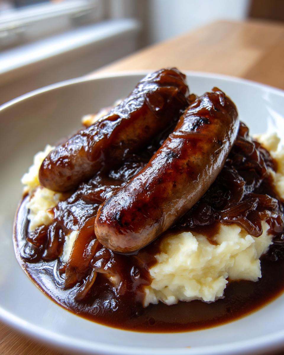 Two grilled sausages covered in rich onion gravy served over creamy mashed potatoes for bangers and mash.
