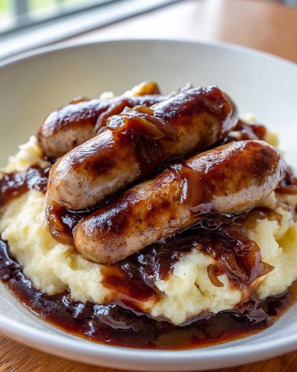 Three grilled sausages served over creamy mashed potatoes, smothered in rich onion gravy for classic bangers and mash.
