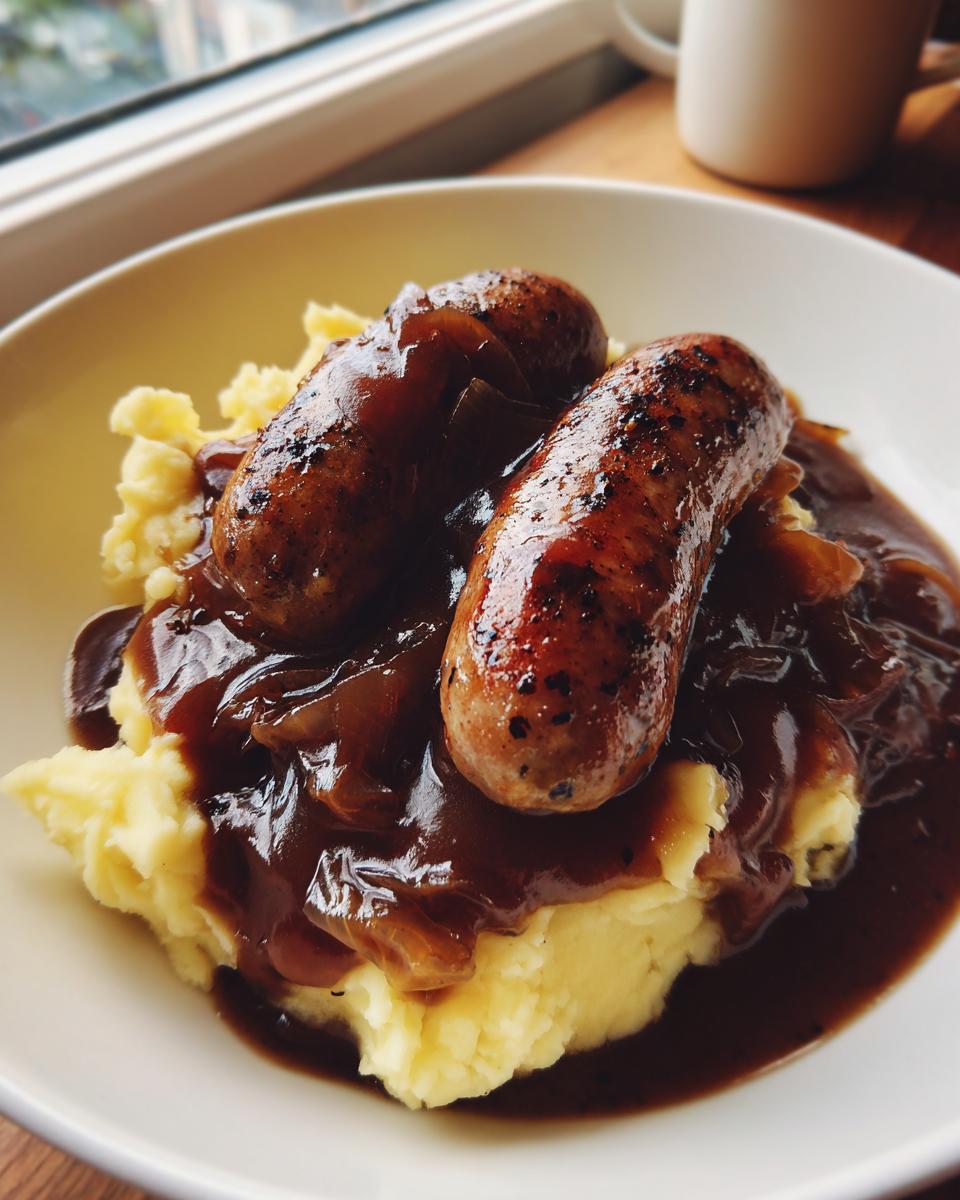 Close-up of two grilled sausages served over creamy mashed potatoes, smothered in rich onion gravy for classic bangers and mash.