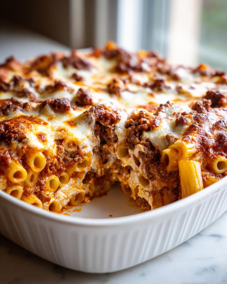 Close-up of a serving dish filled with cheesy baked ziti, showing layers of pasta, meat sauce, and melted mozzarella cheese.
