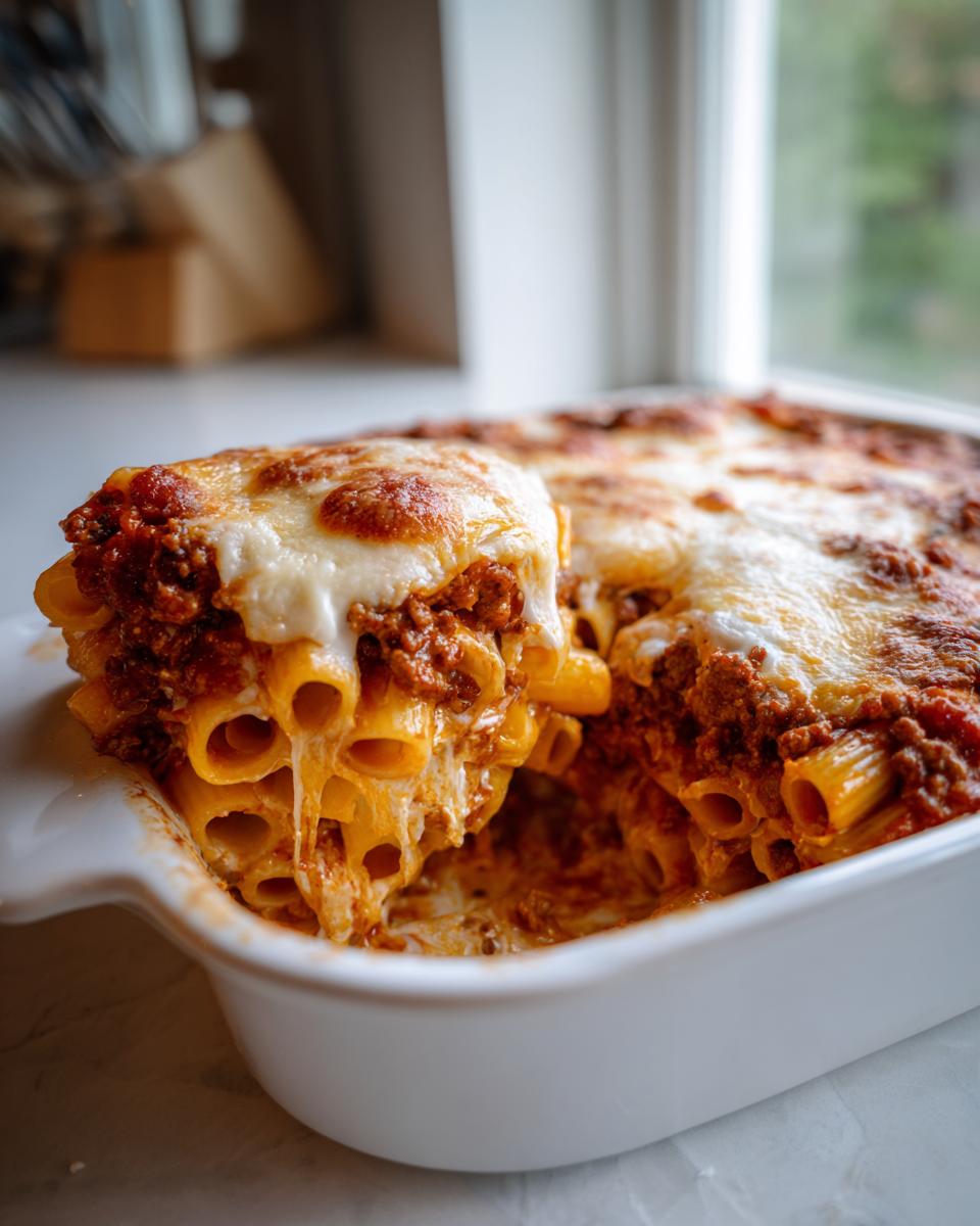 A serving of cheesy baked ziti being lifted from a white casserole dish, showing melted cheese strings and rich meat sauce coating the ziti pasta.