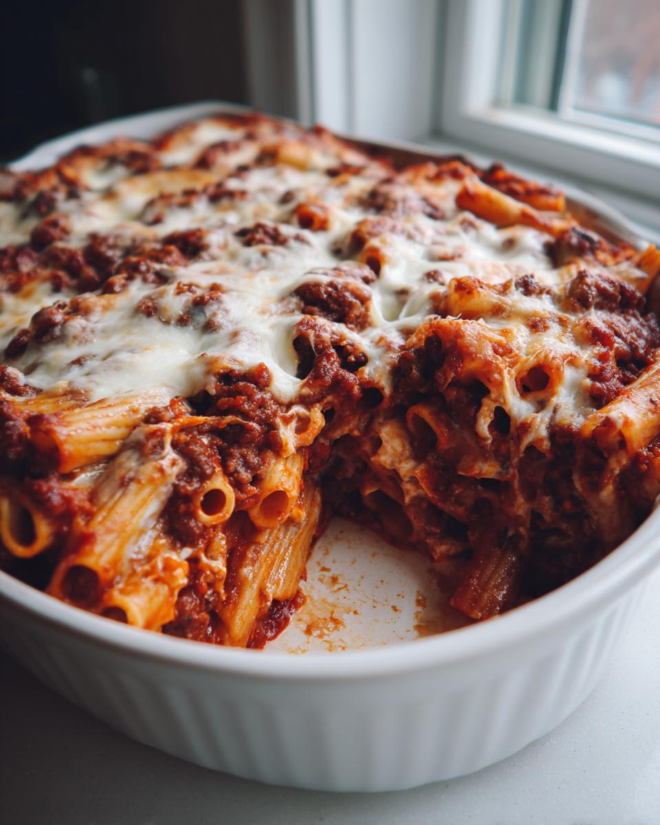 A close-up of baked ziti casserole in a white dish, showing layers of pasta, rich meat sauce, and melted mozzarella cheese.