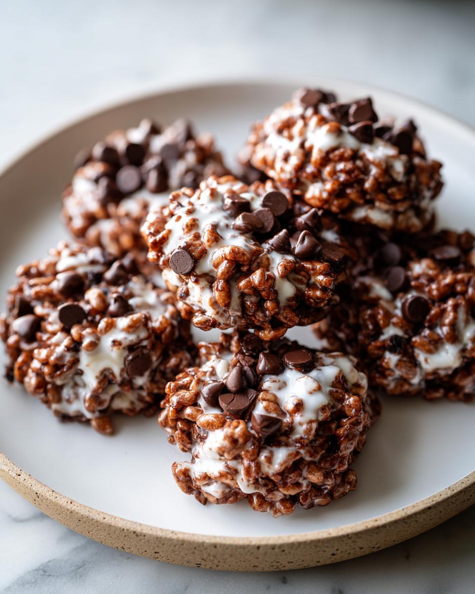 A stack of rich, chocolatey avalanche cookies drizzled with white frosting and topped with mini chocolate chips.