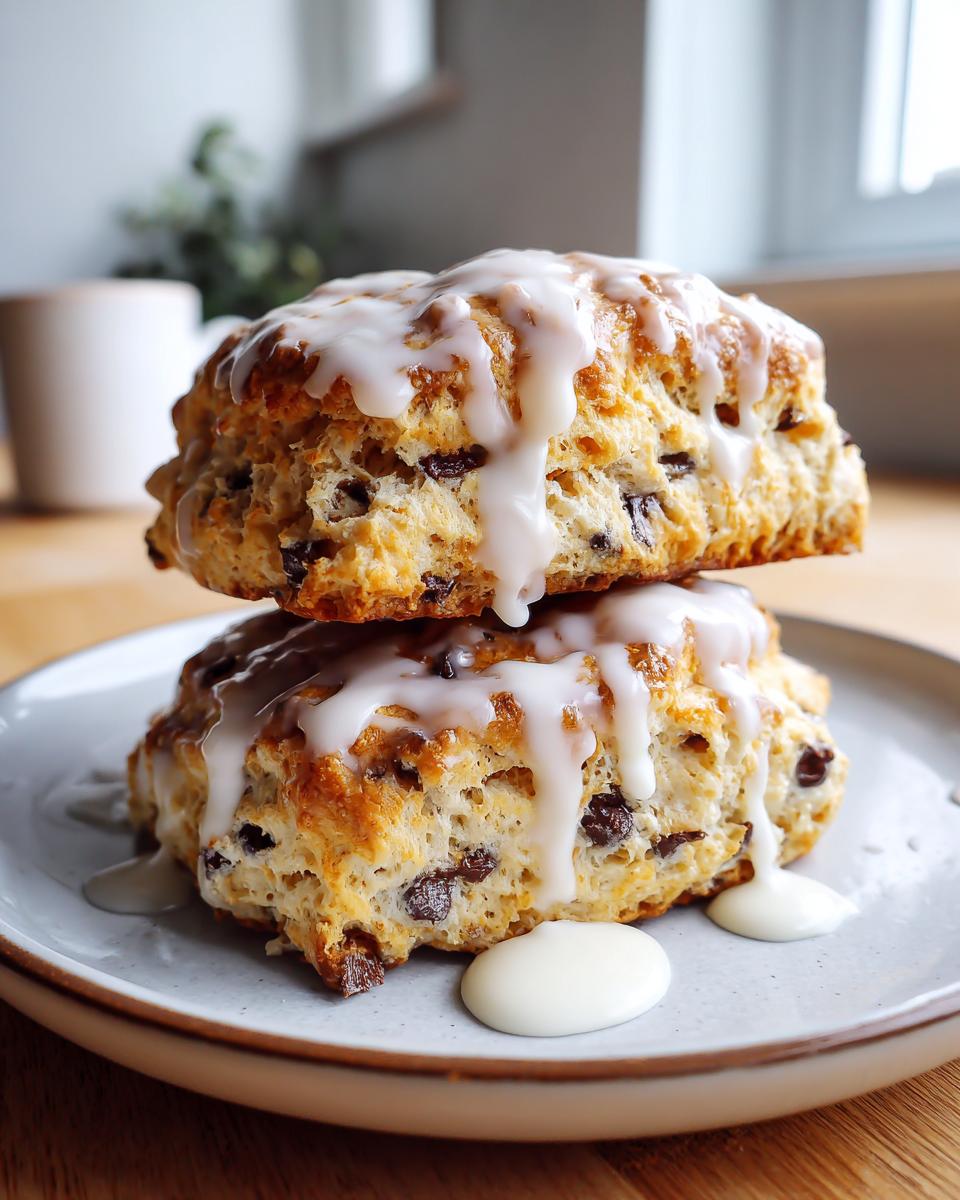 Two delicious chocolate chip scones stacked and drizzled heavily with white vanilla glaze.