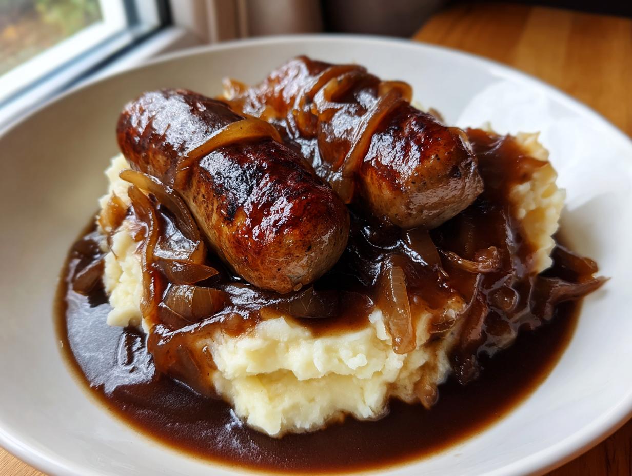 A close-up of delicious bangers and mash topped with caramelized onions and rich brown gravy.
