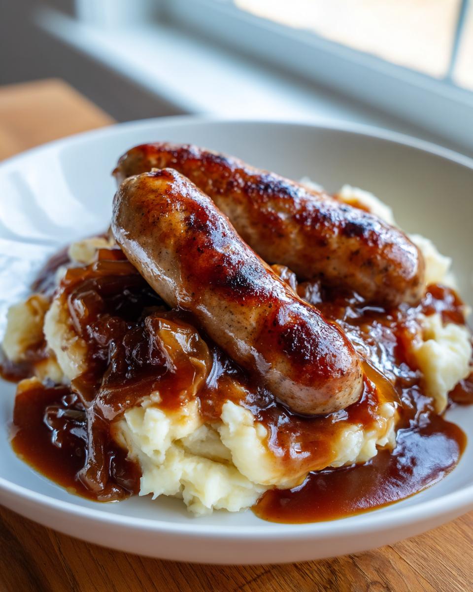 Two browned sausages served over creamy mashed potatoes and smothered in rich onion gravy, classic bangers and mash.