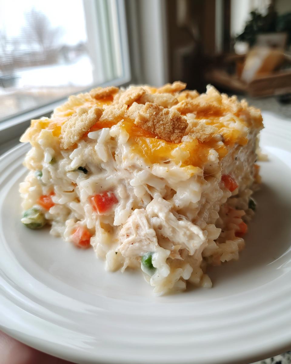 A square serving of creamy chicken and rice casserole topped with melted cheese and crunchy breadcrumbs.