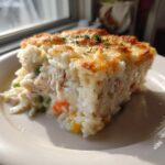 A generous slice of creamy chicken and rice casserole with a golden baked top, served on a white plate.