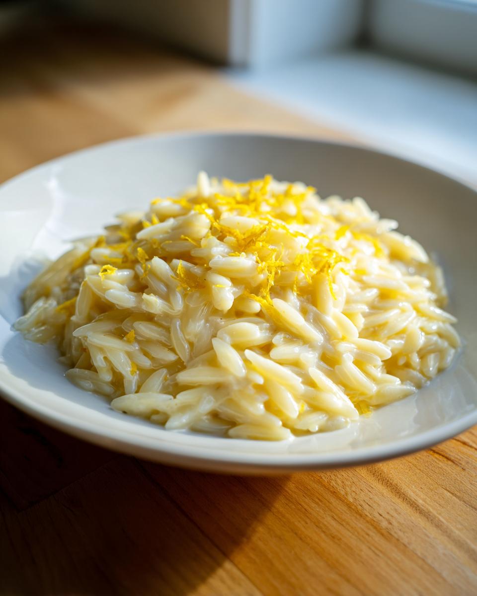 A close-up of creamy orzo pasta topped with bright yellow lemon zest in a white bowl.
