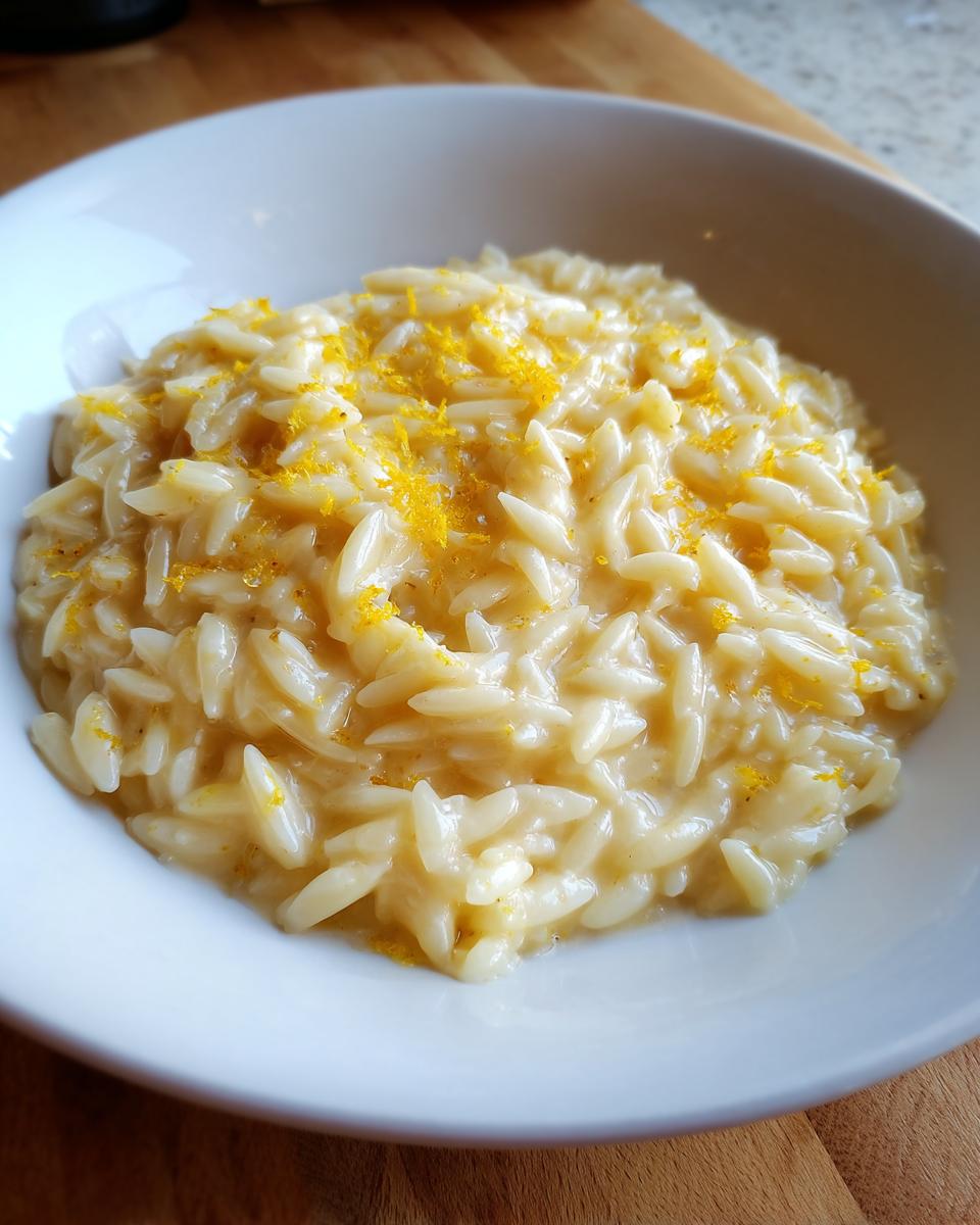 Close-up of creamy orzo pasta topped generously with bright yellow lemon zest in a white bowl.