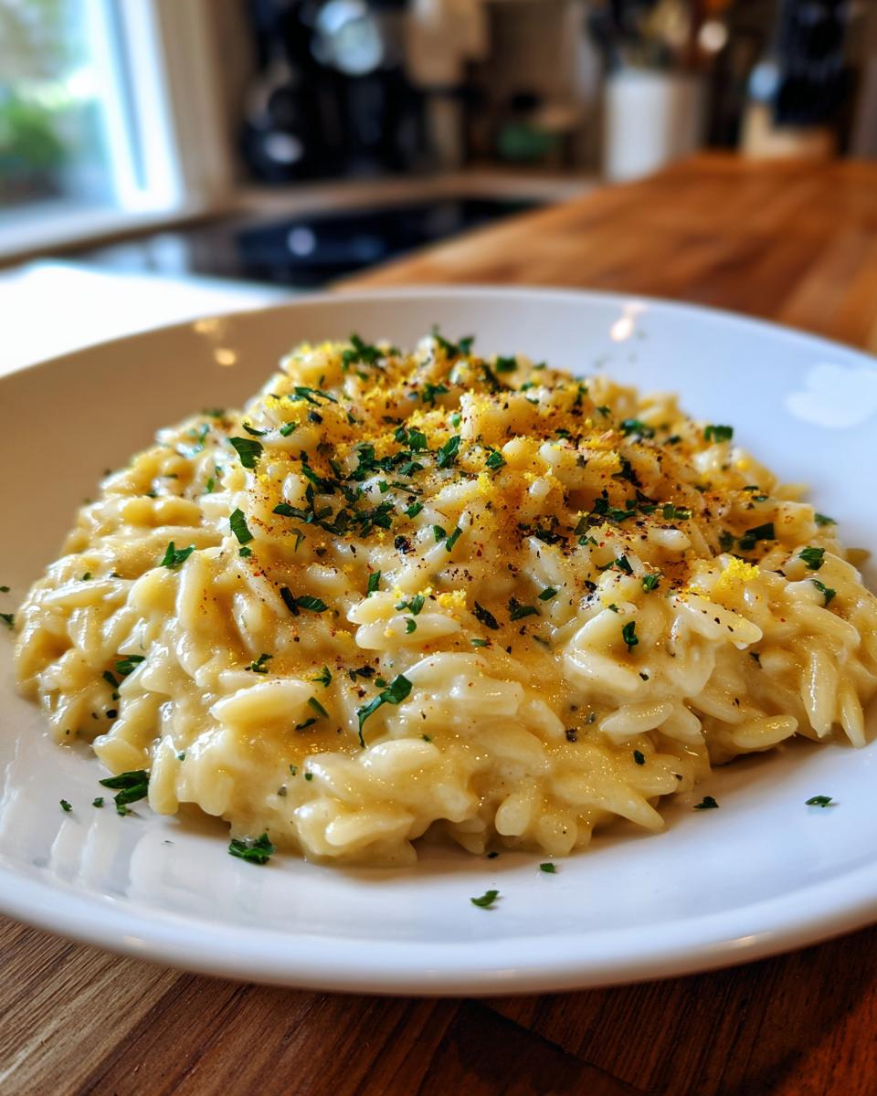 Close-up of a creamy, cheesy orzo pasta dish topped with fresh parsley and lemon zest.