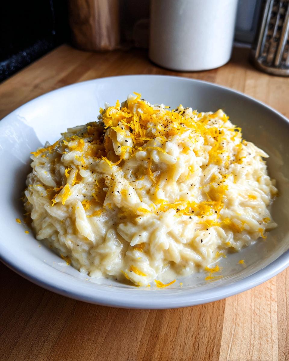 Close-up of creamy orzo pasta topped with bright yellow lemon zest and black pepper in a white bowl.
