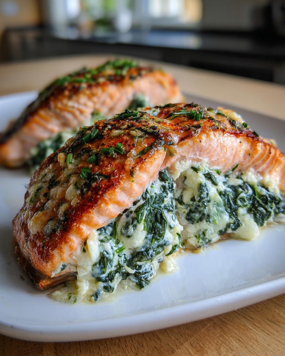 A perfectly cooked stuffed salmon fillet, split open to show creamy spinach filling, garnished with chives.