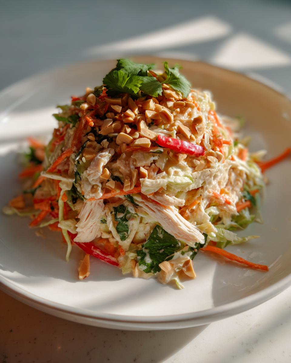 A mound of creamy thai chicken salad featuring shredded chicken, carrots, cabbage, topped with crushed peanuts and cilantro.