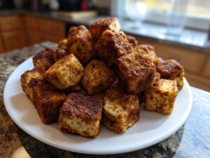 A pile of perfectly seasoned and crispy air fryer tofu cubes stacked high on a white plate.
