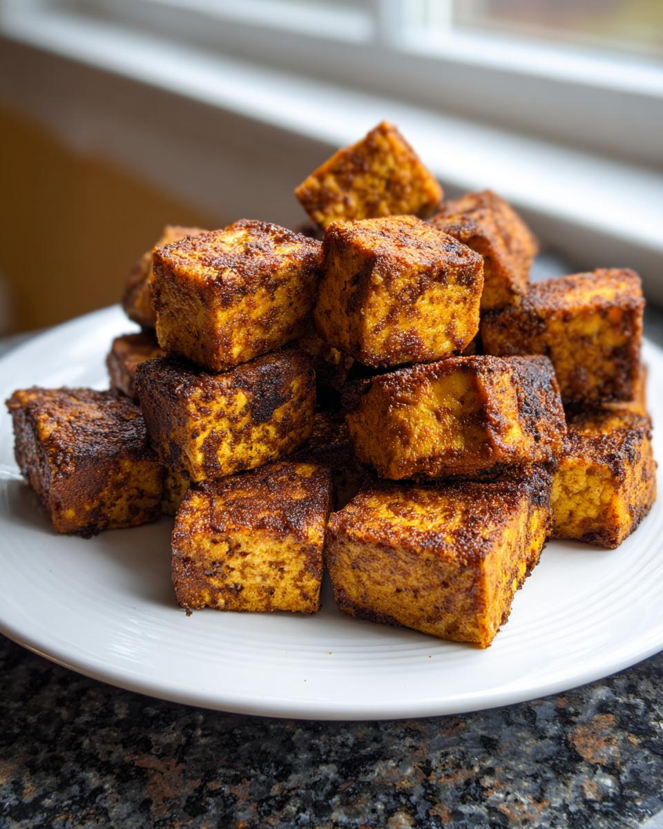 A generous pile of golden-brown, crispy air fryer tofu cubes stacked on a white plate.